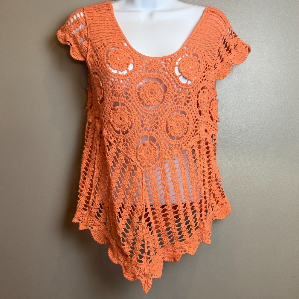 Cato Coral Crochet Lace‎ Tunic Top Size Small Boho Beach Cover Up